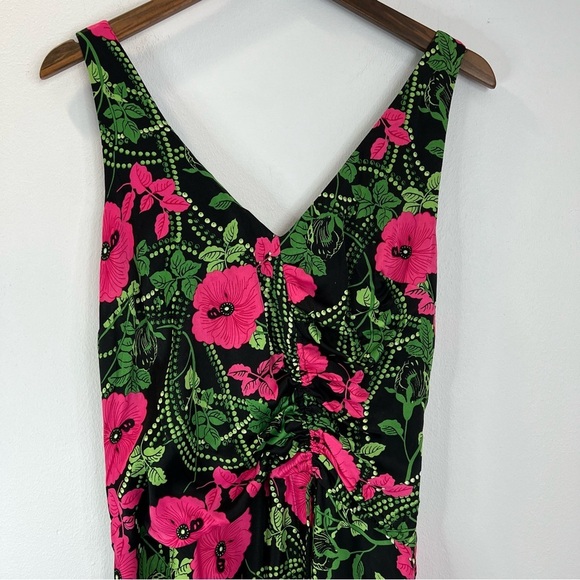Maeve Anthropologie Satin Feel Sleeveless Ruched Floral Midi Dress Size 4 - Picture 4 of 15